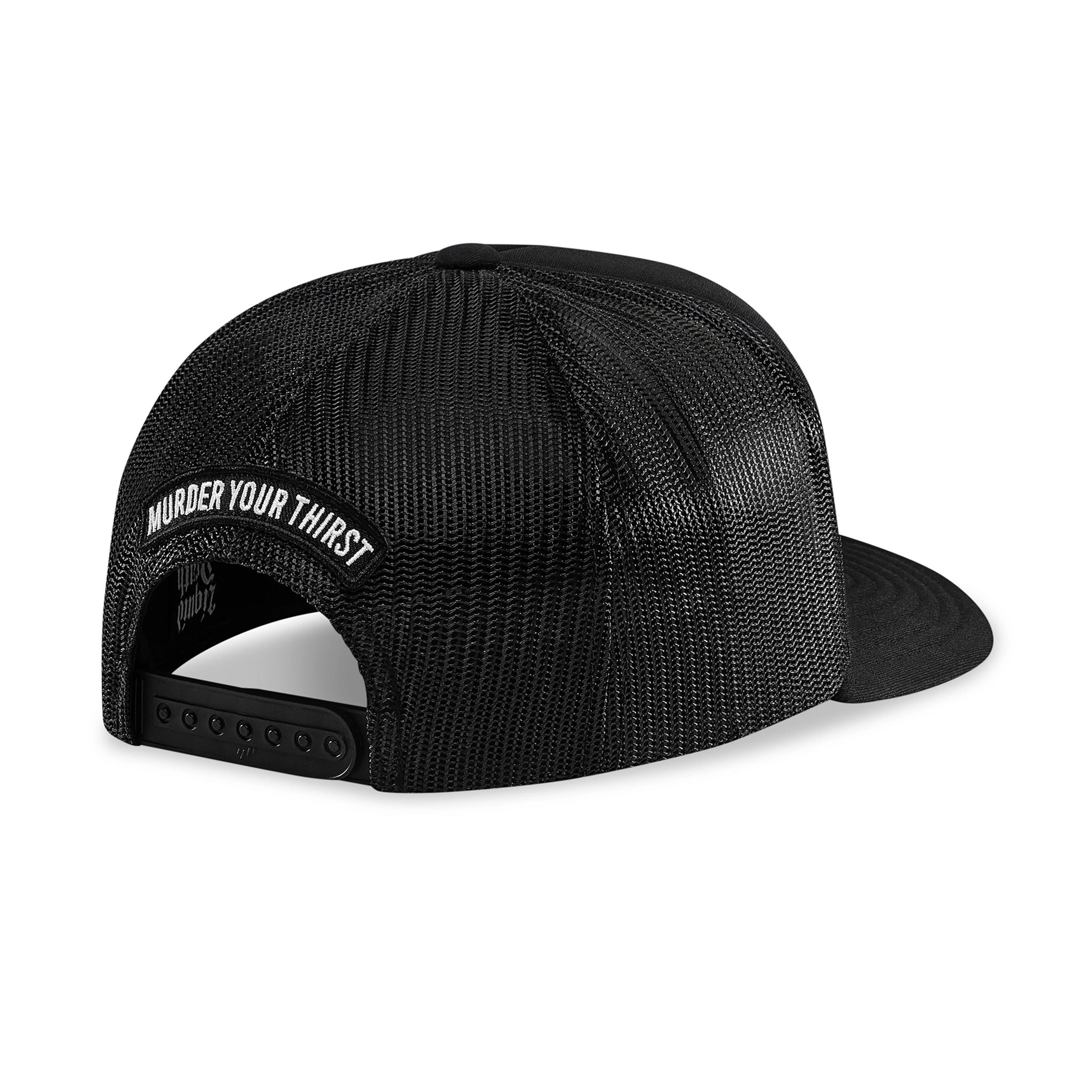 Black mesh cap with 'Murder Your Thirst' logo on a white background