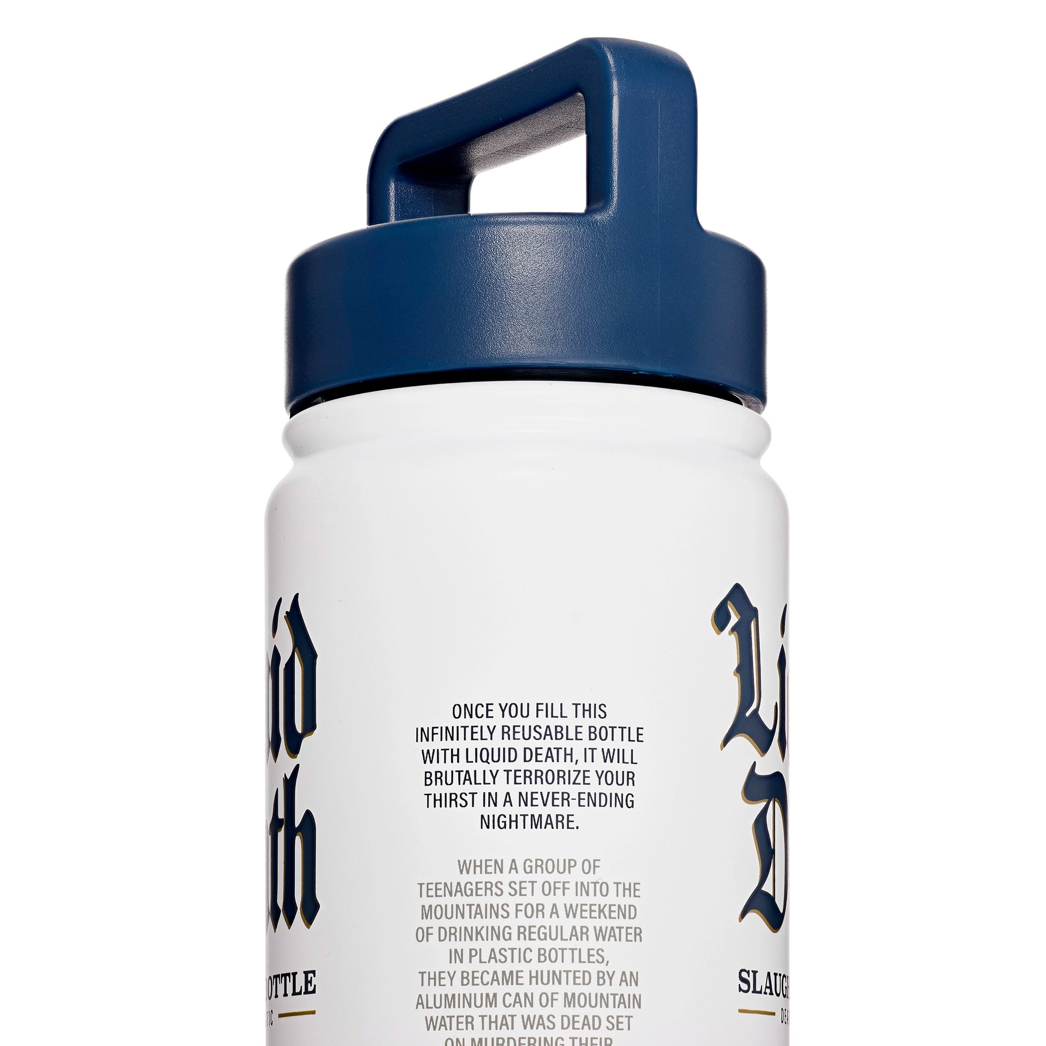 White bottle with blue cap and text on a white background