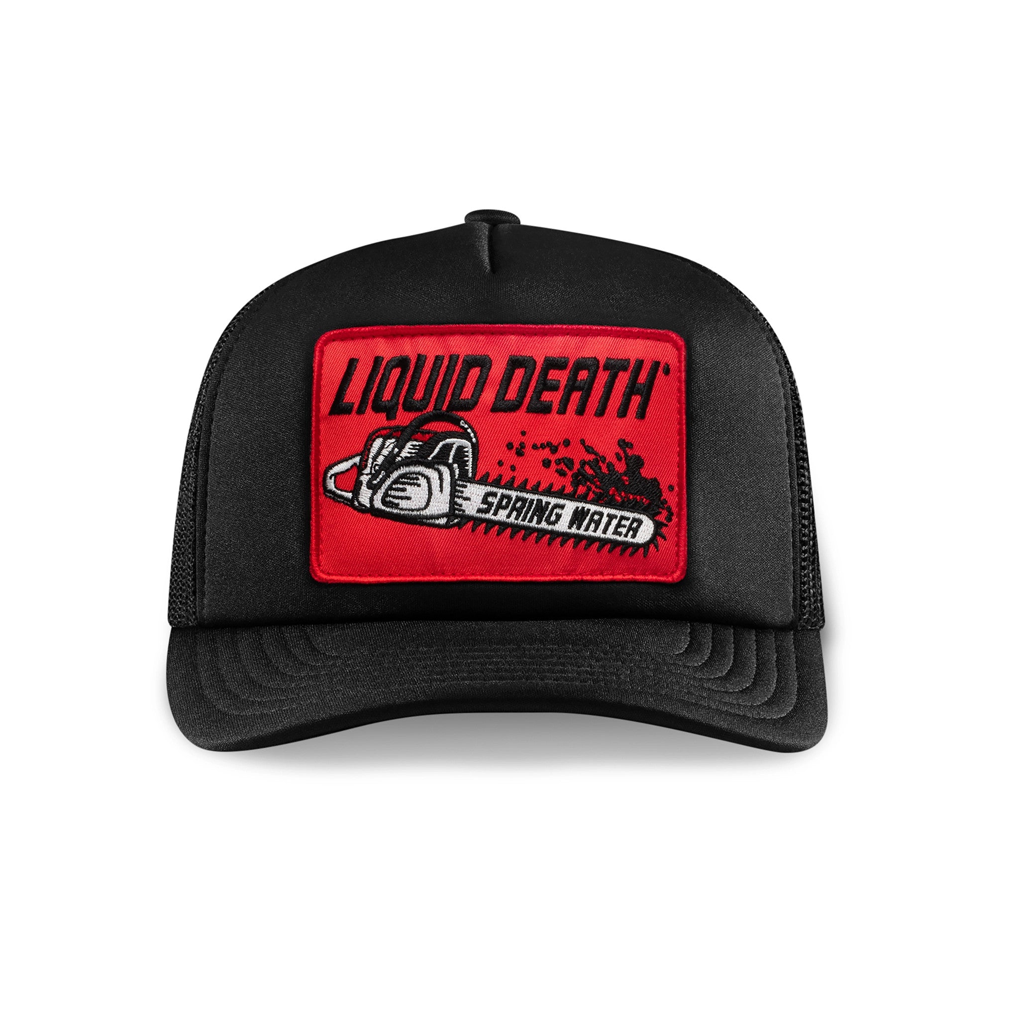 Black cap with a red and white 'Liquid Death' logo on a white background