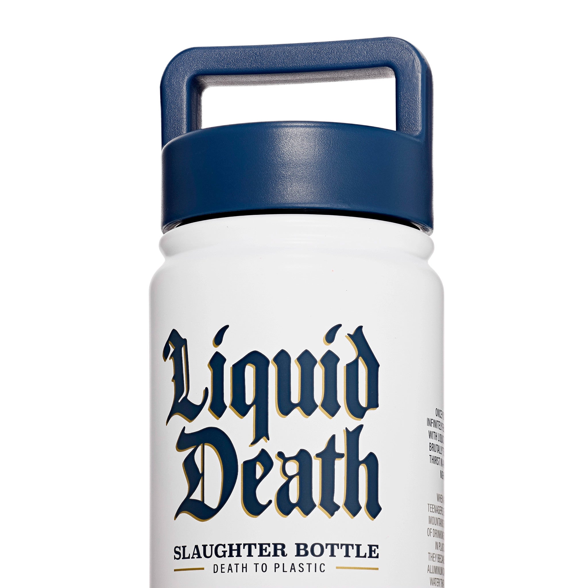 White bottle with blue cap labeled 'Liquid Death' on a white background
