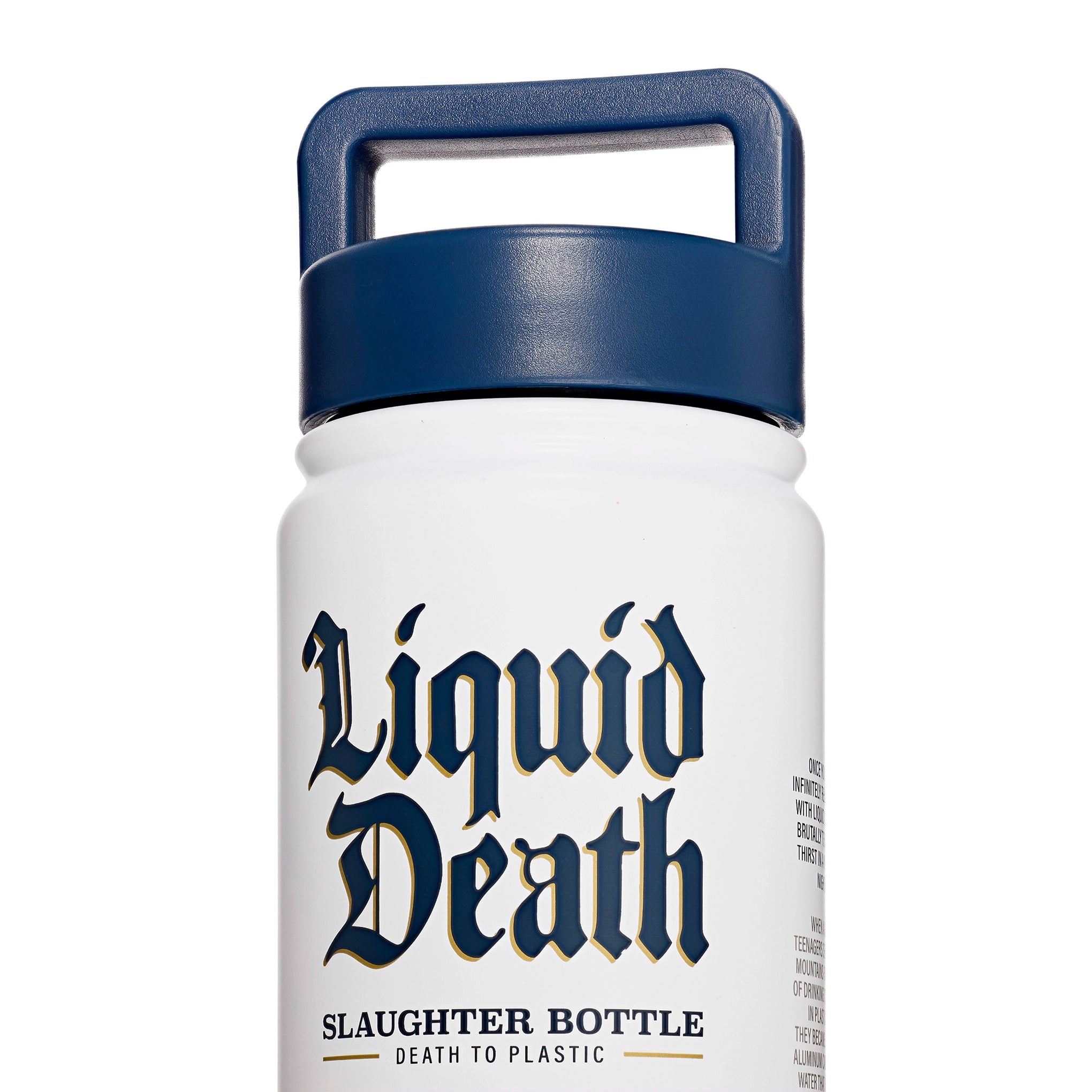 White bottle with blue cap labeled 'Liquid Death' on a white background
