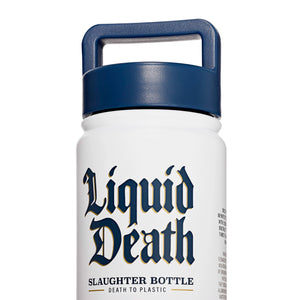 White bottle with blue cap labeled 'Liquid Death' on a white background
