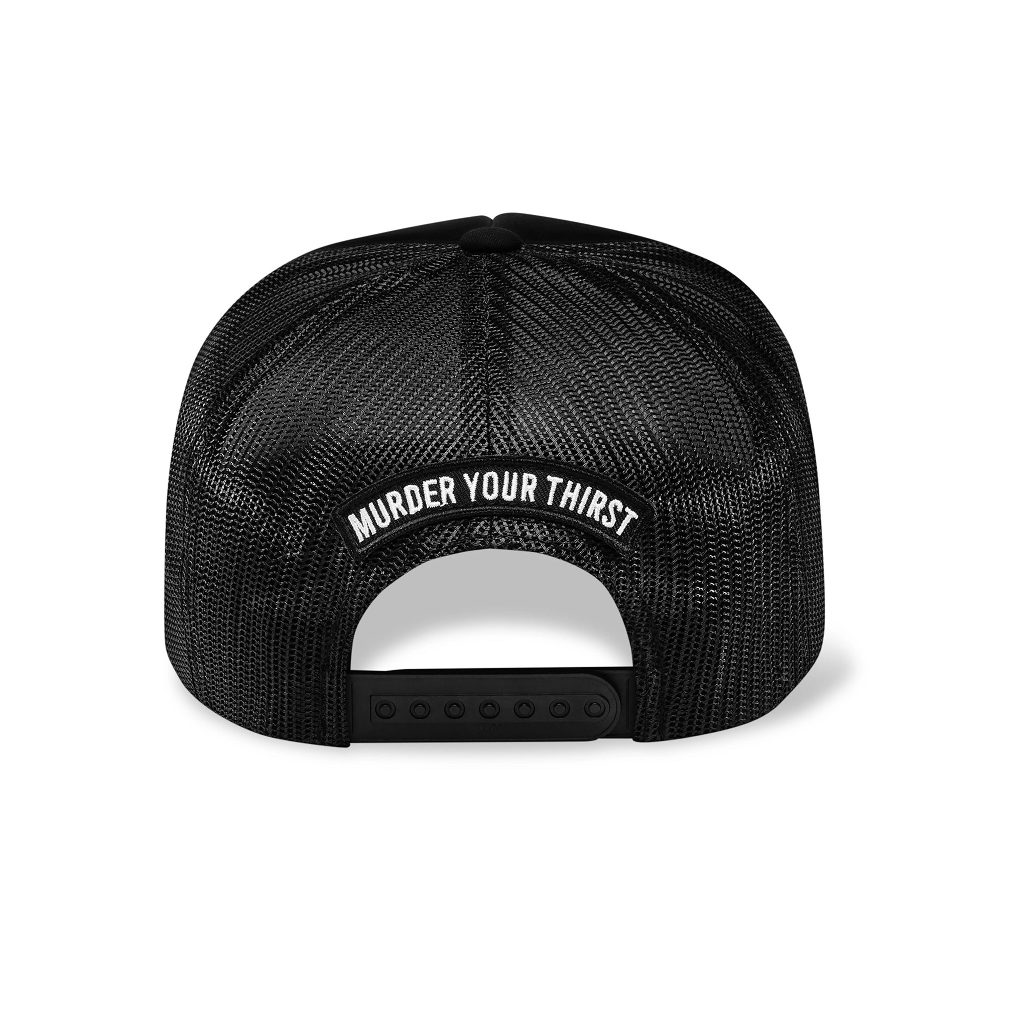 Black mesh cap with 'Murder Your Thirst' text on a white background