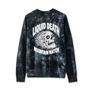 Tie-dye sweatshirt with 'Liquid Death Mountain Water' text and skull design on a white background