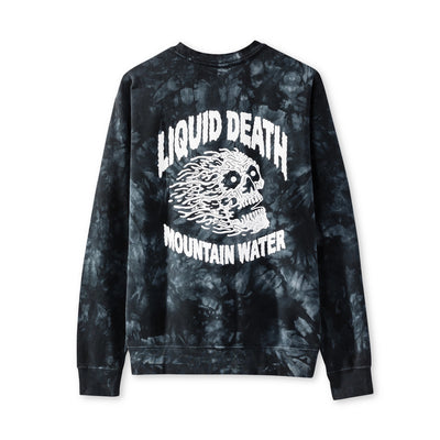 Tie-dye sweatshirt with 'Liquid Death Mountain Water' text and skull design on a white background