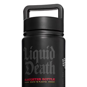 Black water bottle with 'Liquid Death' text on a white background