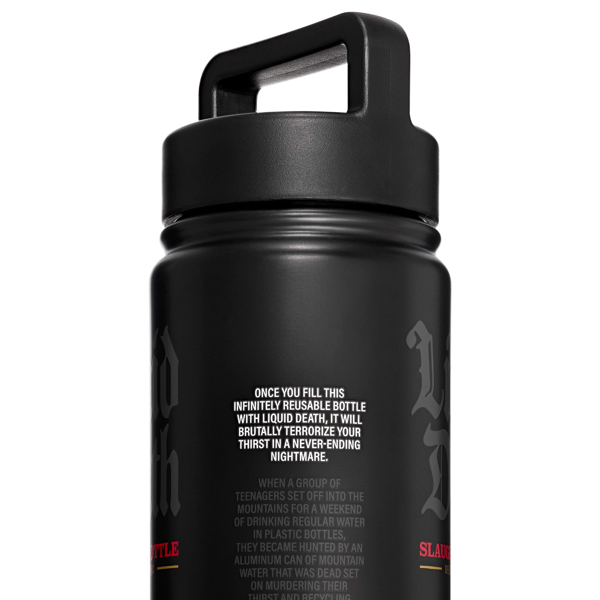 Black reusable water bottle with text on a white background