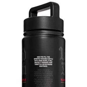 Black reusable water bottle with text on a white background
