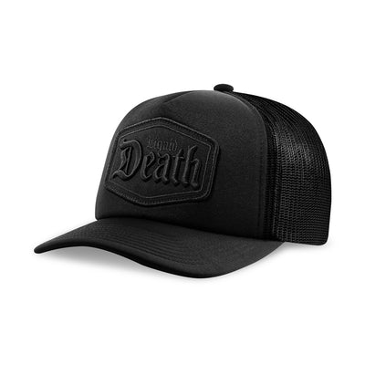 Black trucker cap with 'Death' logo on a white background