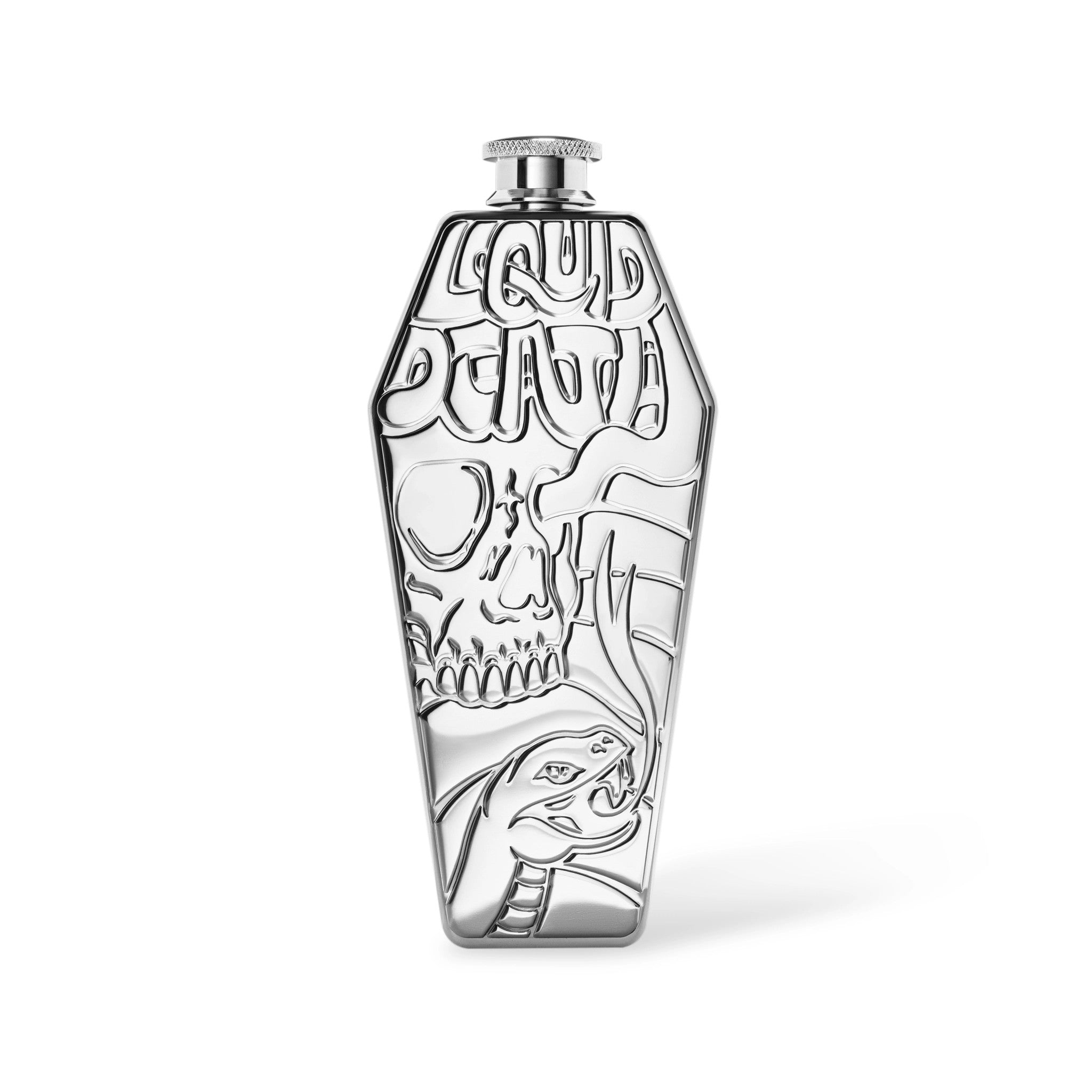 Silver flask with skull and snake design on a white background