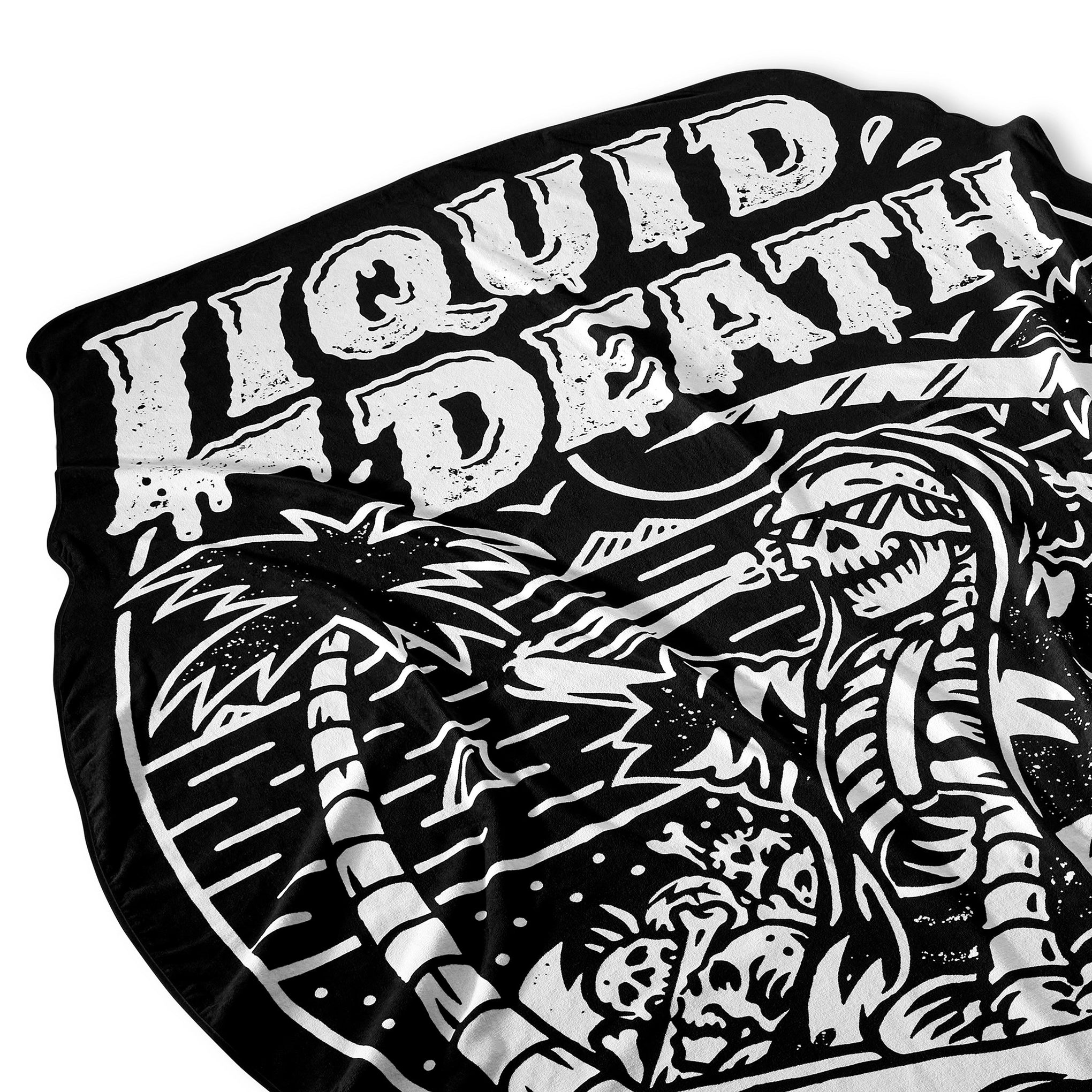 Black and white graphic design with a skeleton, and text. Beach Towel 
