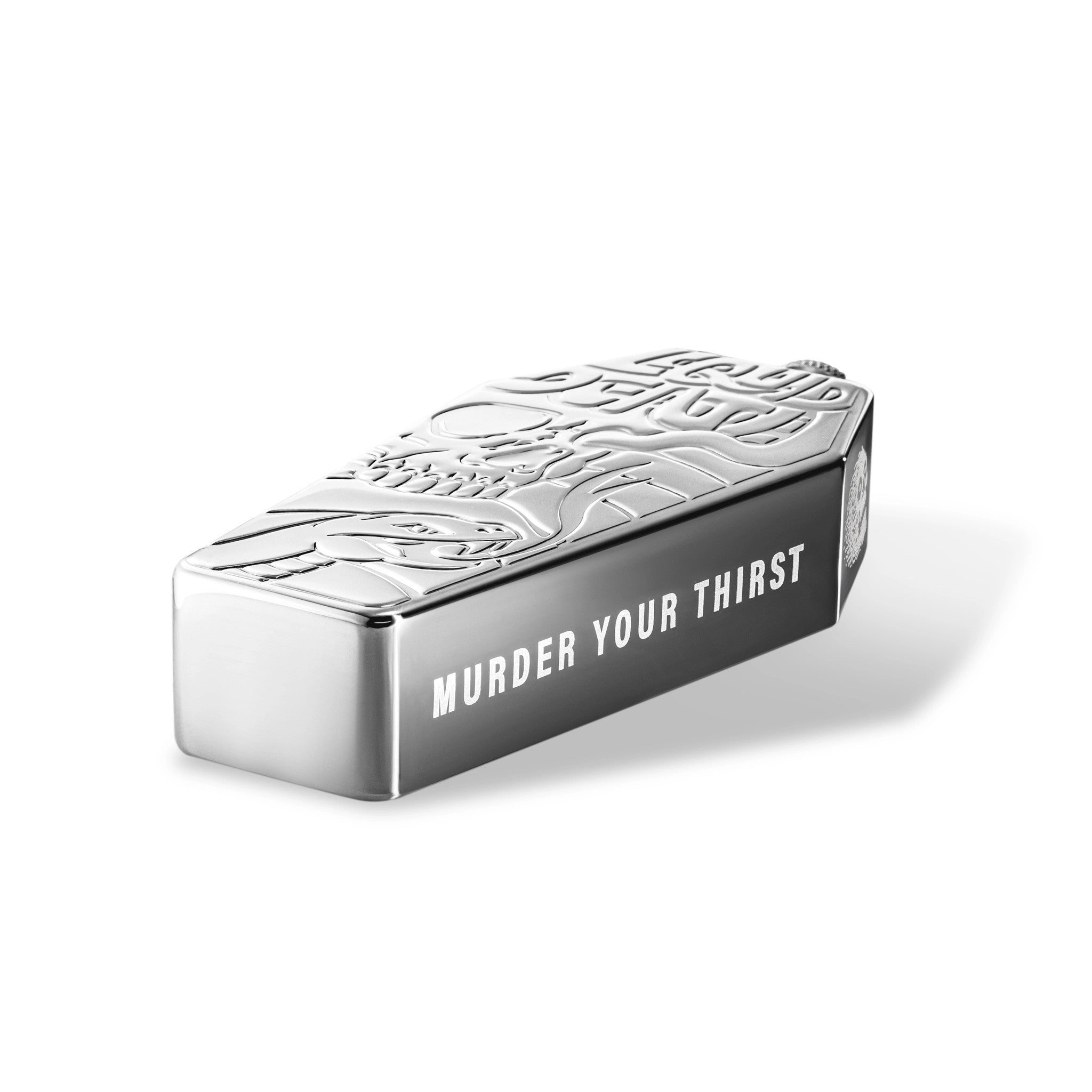 Flasket with 'Murder Your Thirst' text on a white background