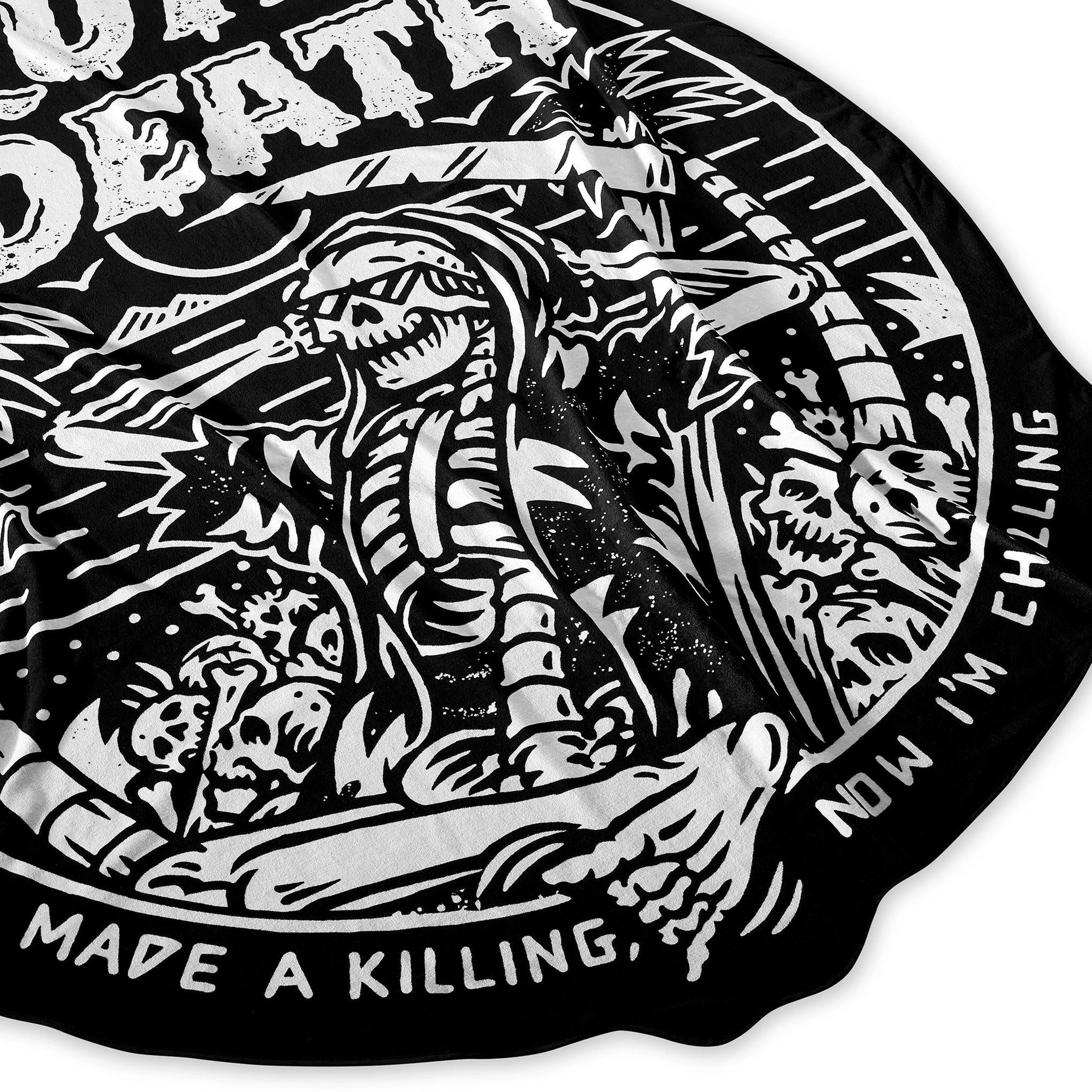 Black and white graphic design with a skeleton, and text. Beach Towel 