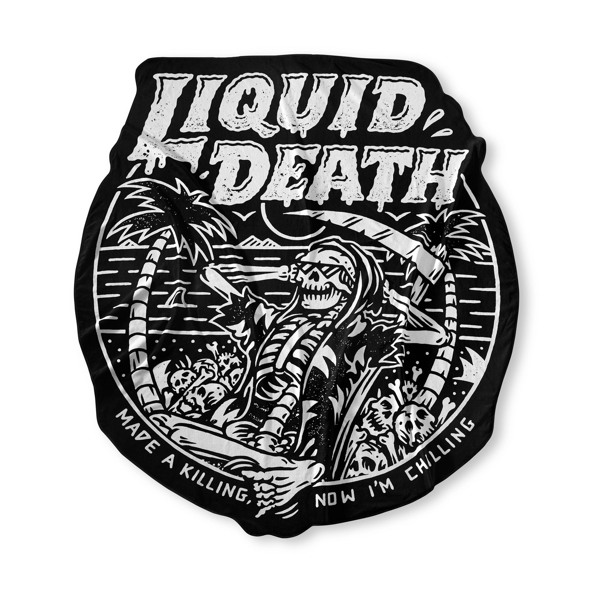 Black and white graphic design with a skeleton, and text. Beach Towel 