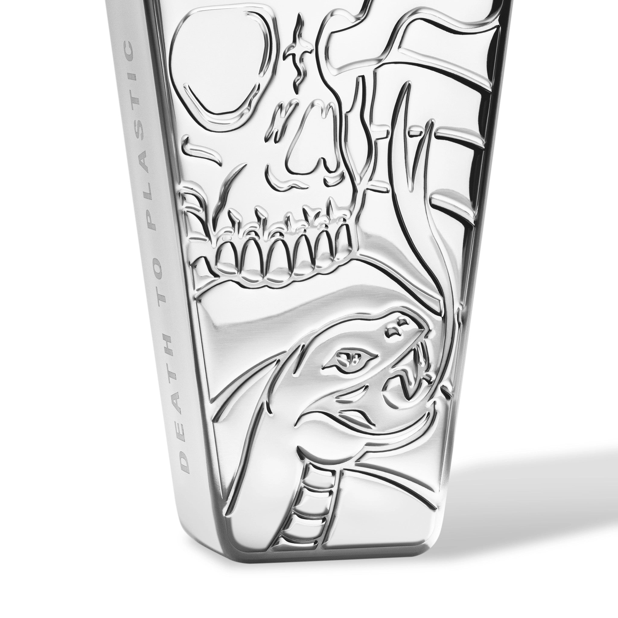 Silver flasket with skull and snake design on a white background