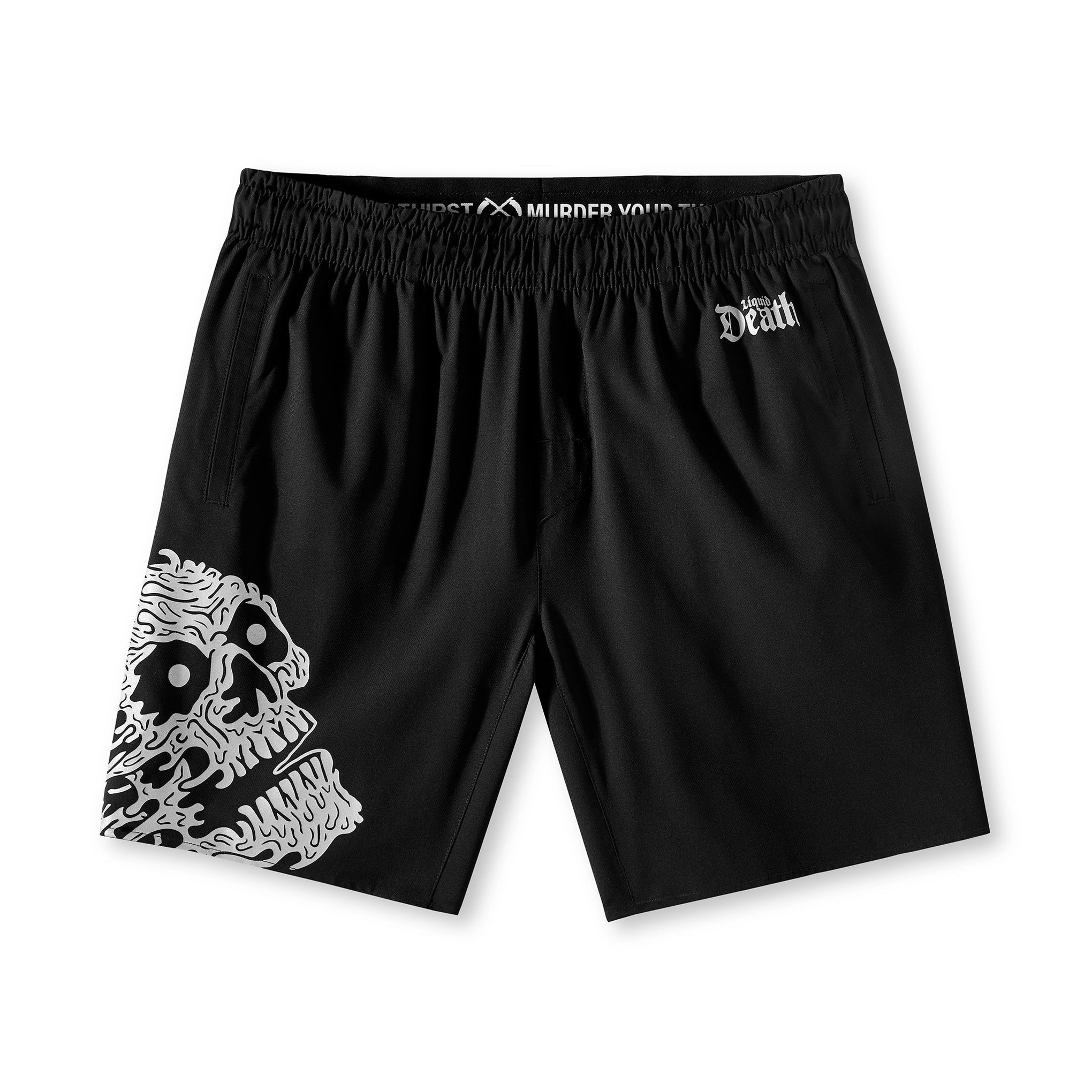 Black shorts with white graphic design on a white background Front