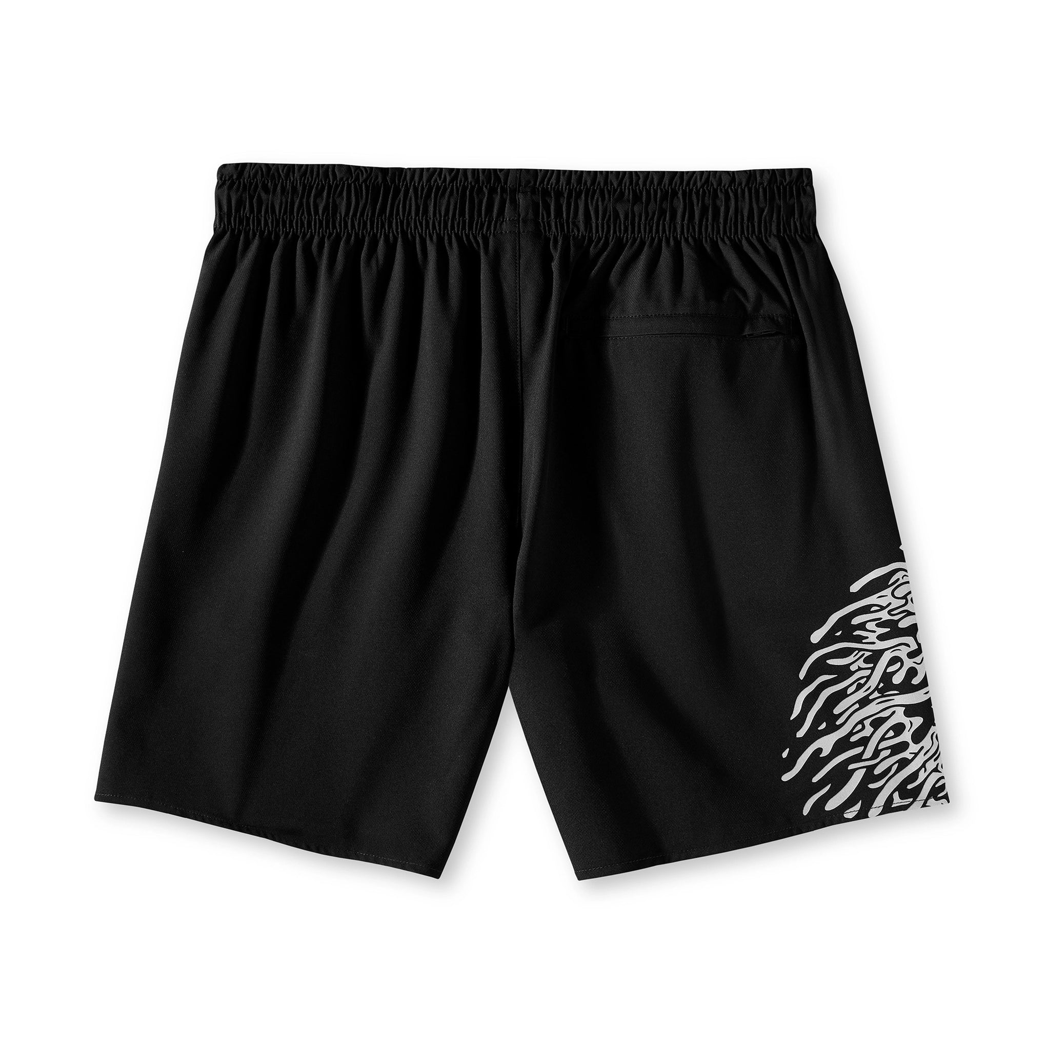 Black shorts with a white graphic on the side on a white background Back