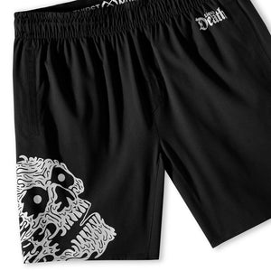 Black shorts with white graphic design on a white background Front