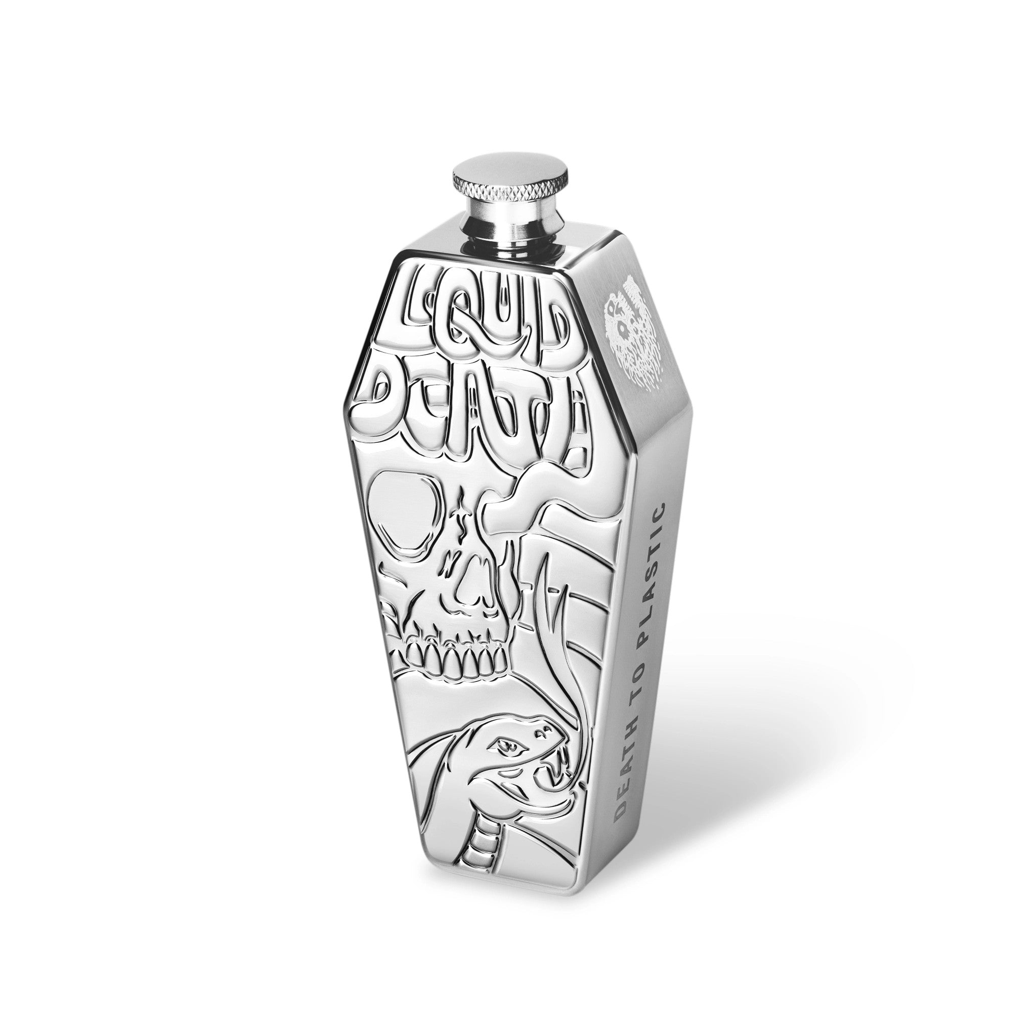 Silver coffin-shaped flask 'Liquid Death' text and snake design on a white background