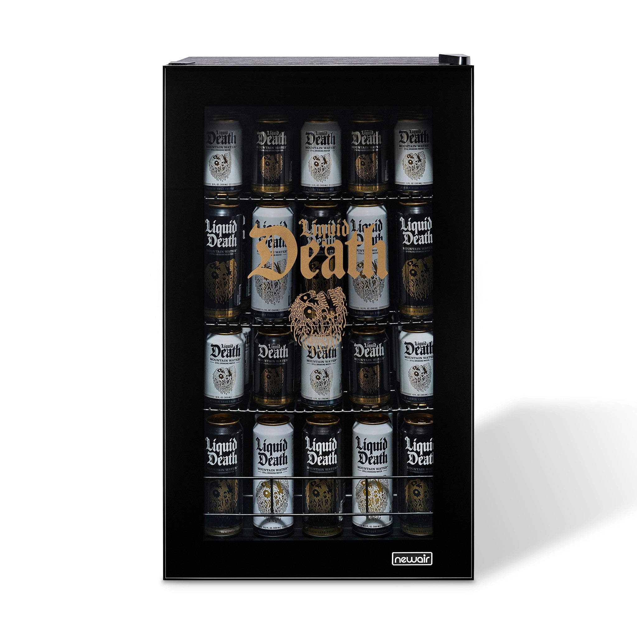 Black mini fridge with 'Liquid Death' bottles inside on a white background