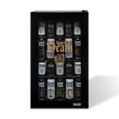 Black mini fridge with 'Liquid Death' bottles inside on a white background