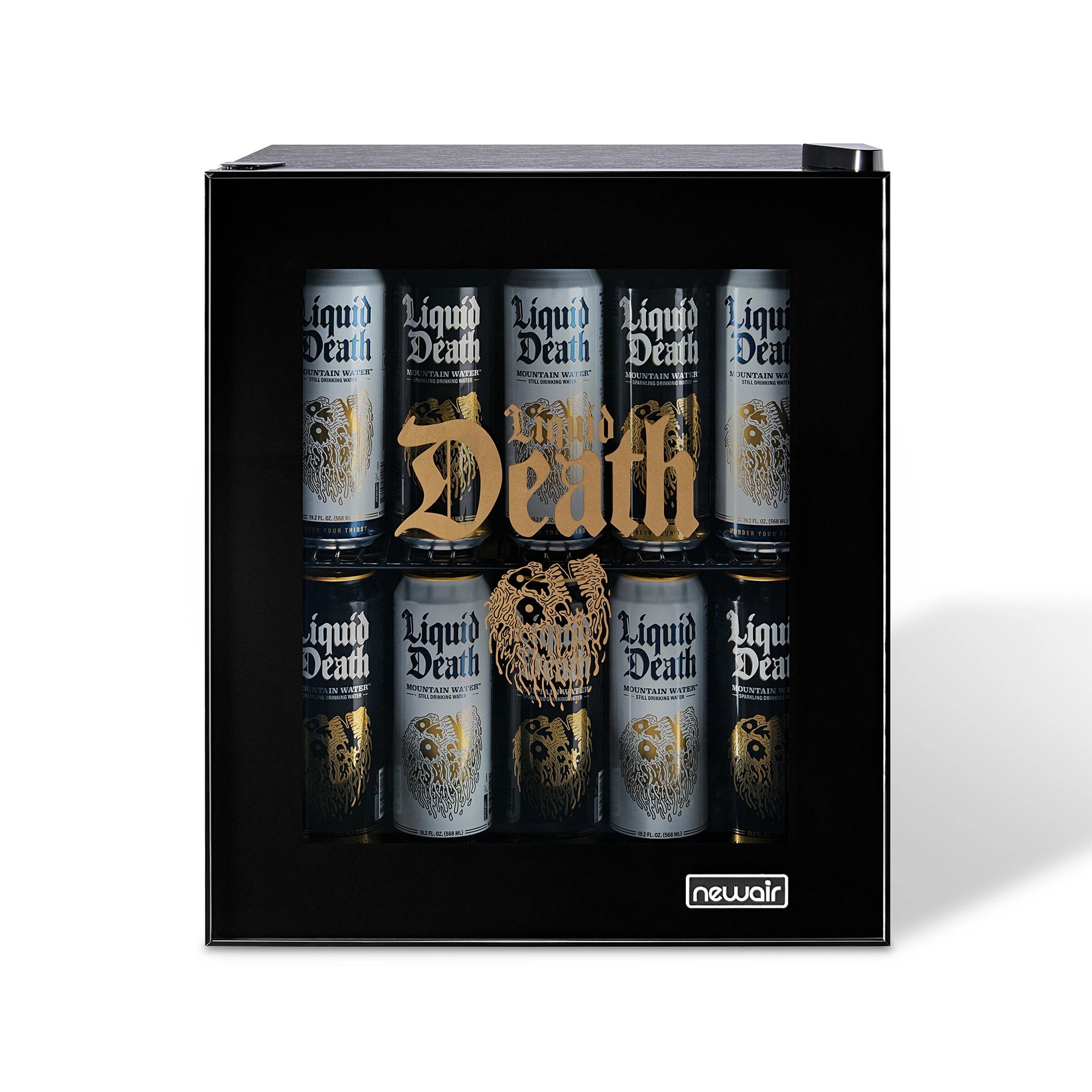 Black mini fridge with 'Liquid Death' can design on a white background