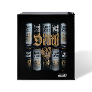 Black mini fridge with 'Liquid Death' can design on a white background