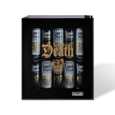 Black mini fridge with 'Liquid Death' can design on a white background