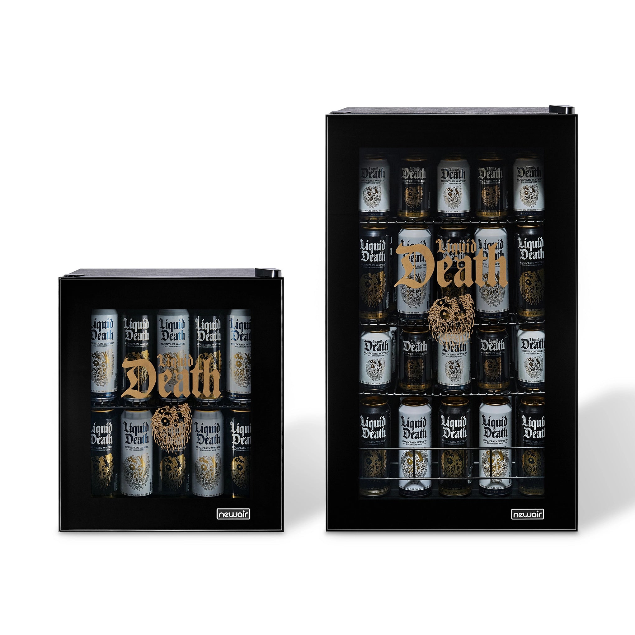 Two black mini fridges with 'Liquid Death' bottles inside on a white background