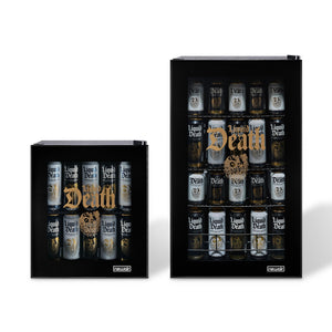 Two black mini fridges with 'Liquid Death' bottles inside on a white background