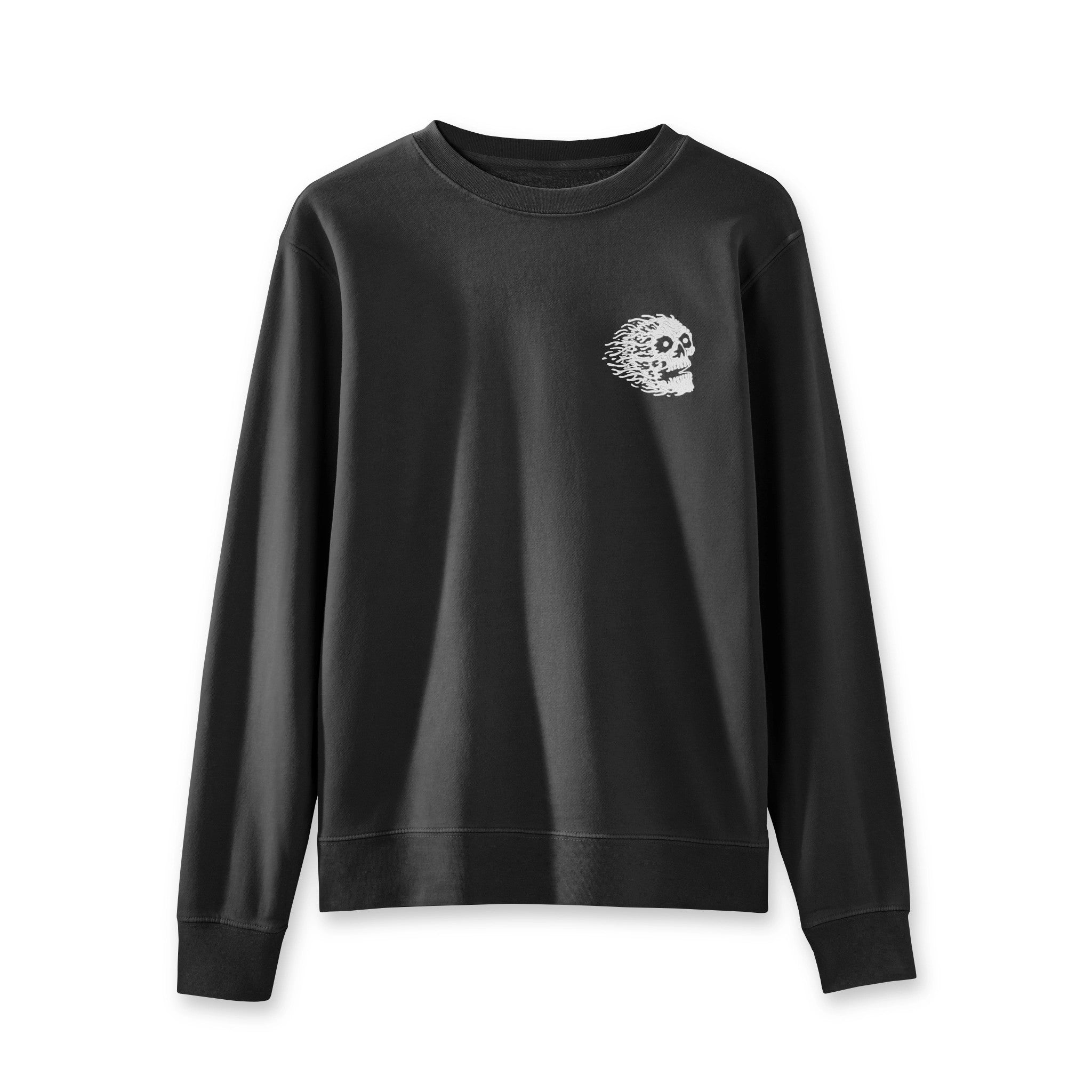 Black sweatshirt with a small white graphic on a white background