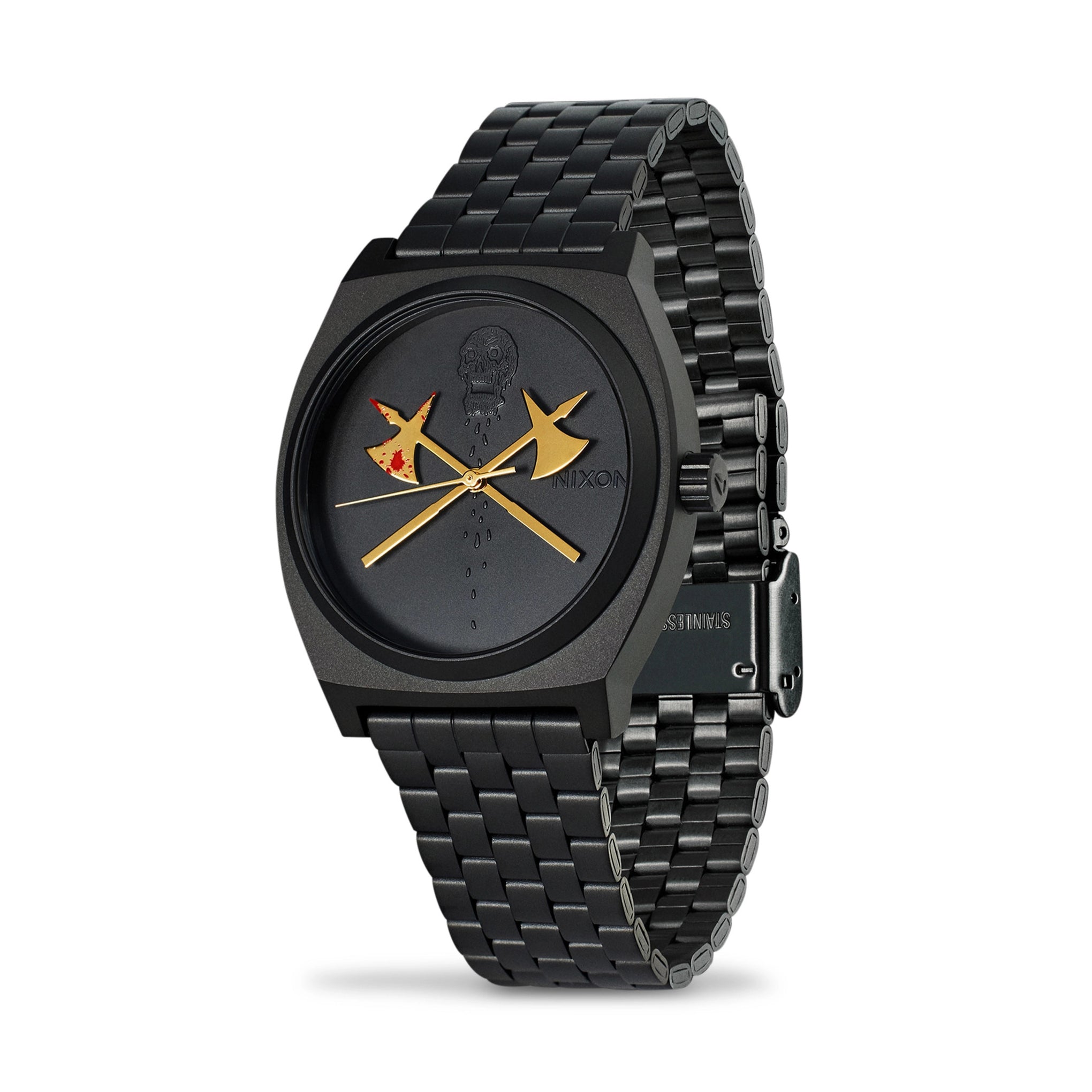 Black watch with unique design on the dial against a white background