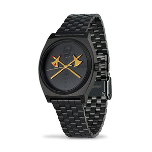 Black watch with unique design on the dial against a white background