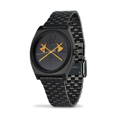 Black watch with unique design on the dial against a white background