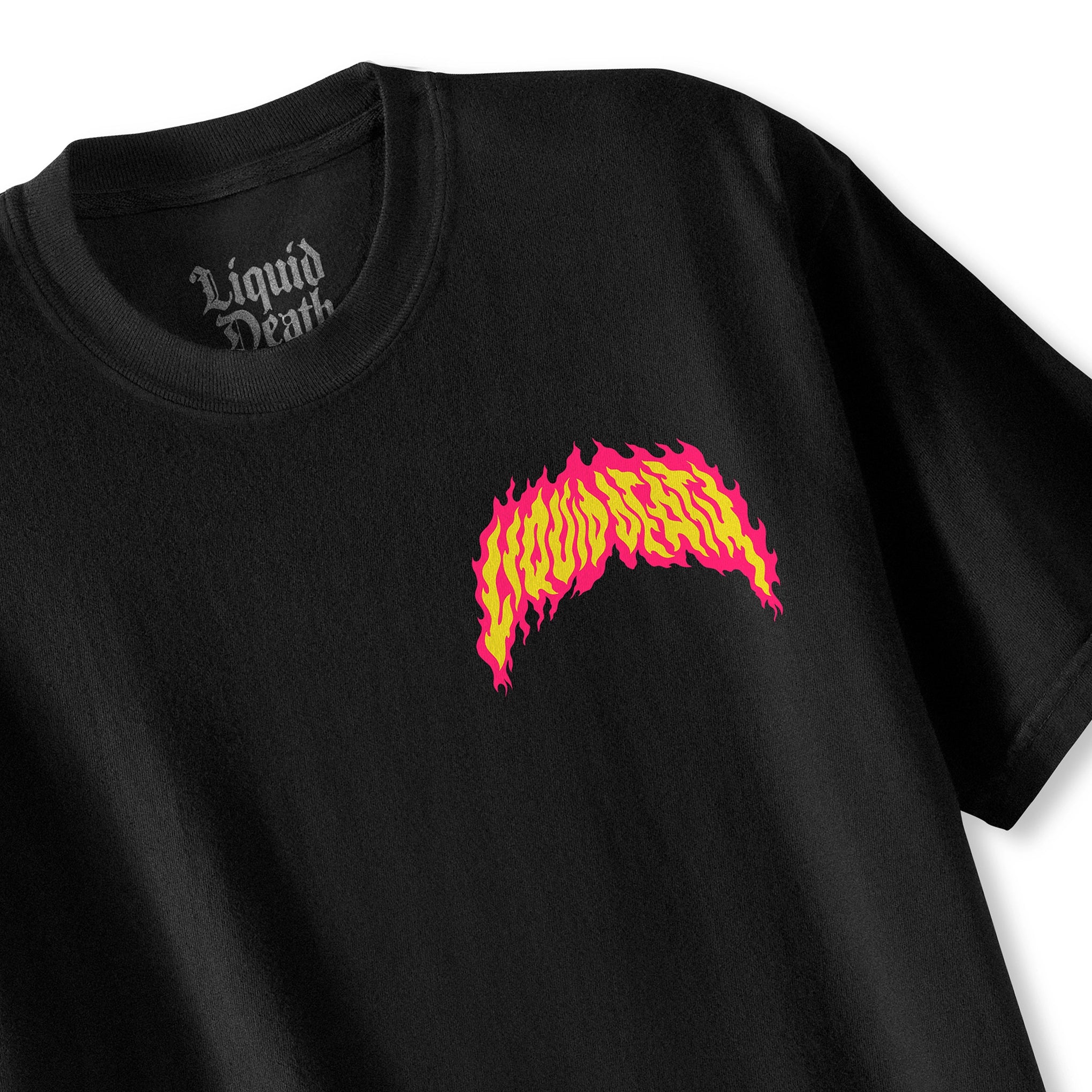 Black t-shirt with 'Liquid Death' logo in pink and yellow on a white background