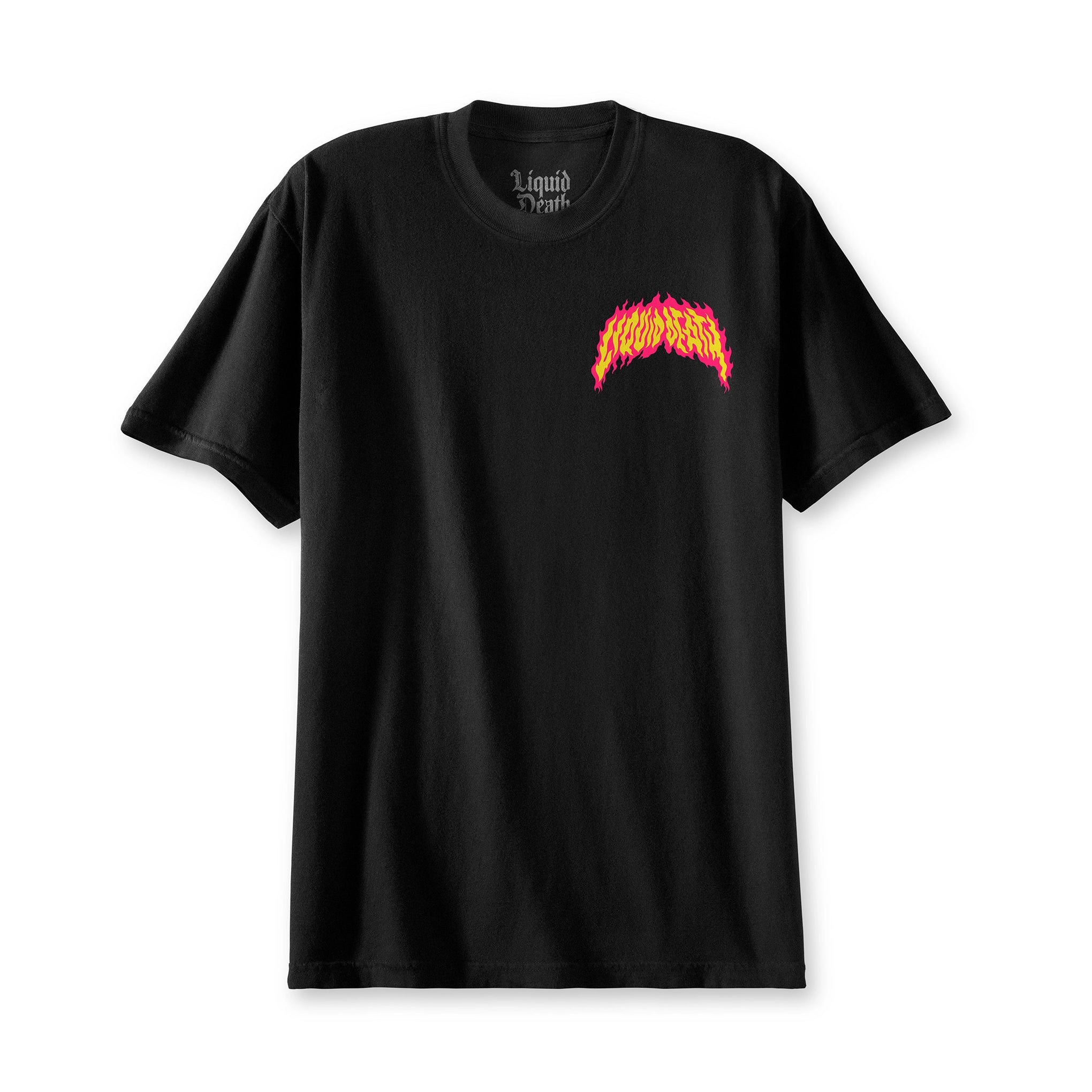 Black t-shirt with a colorful Liquid Death logo on a white background