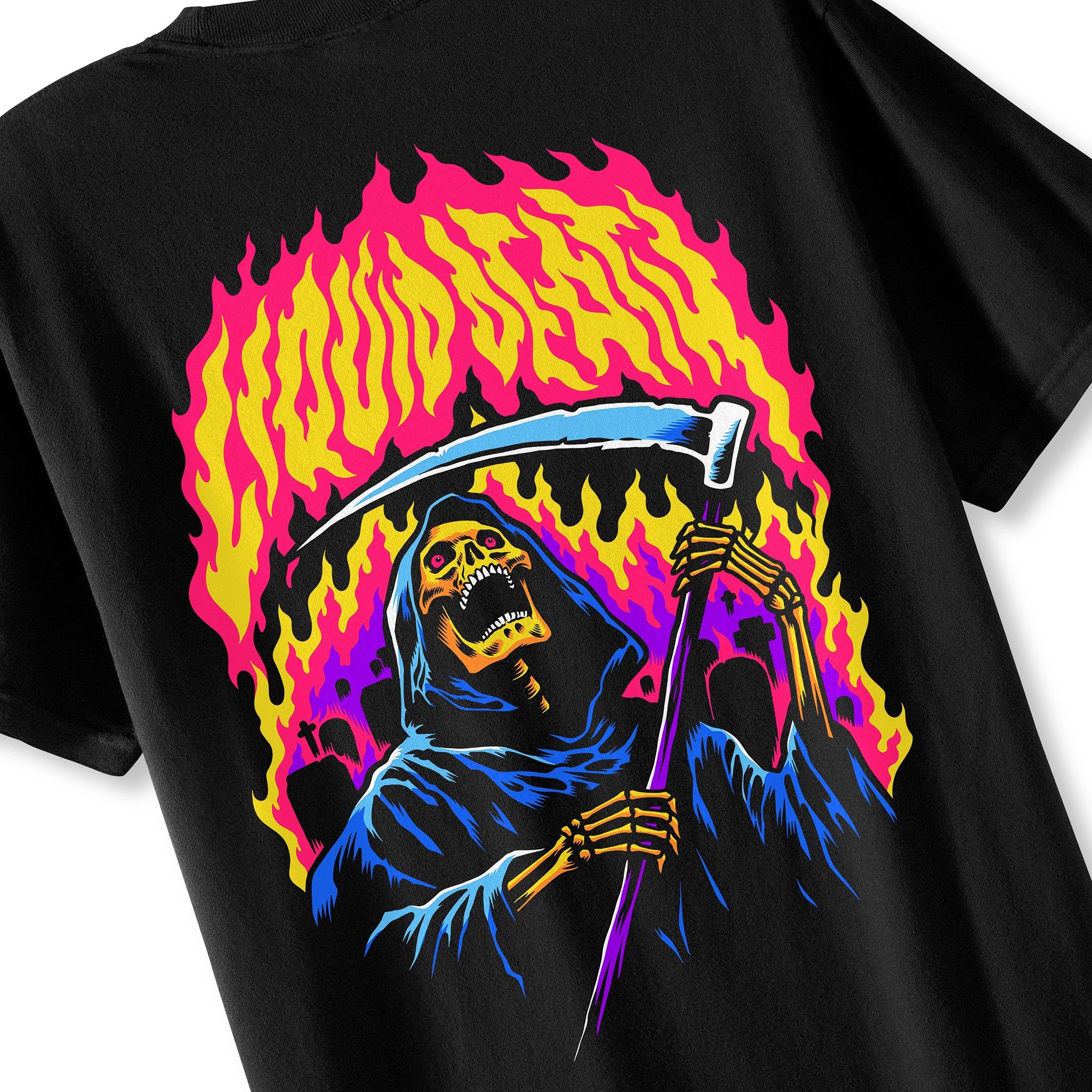 Black t-shirt with a colorful graphic of a Reaper holding a scythe against a pink and yellow flame background.