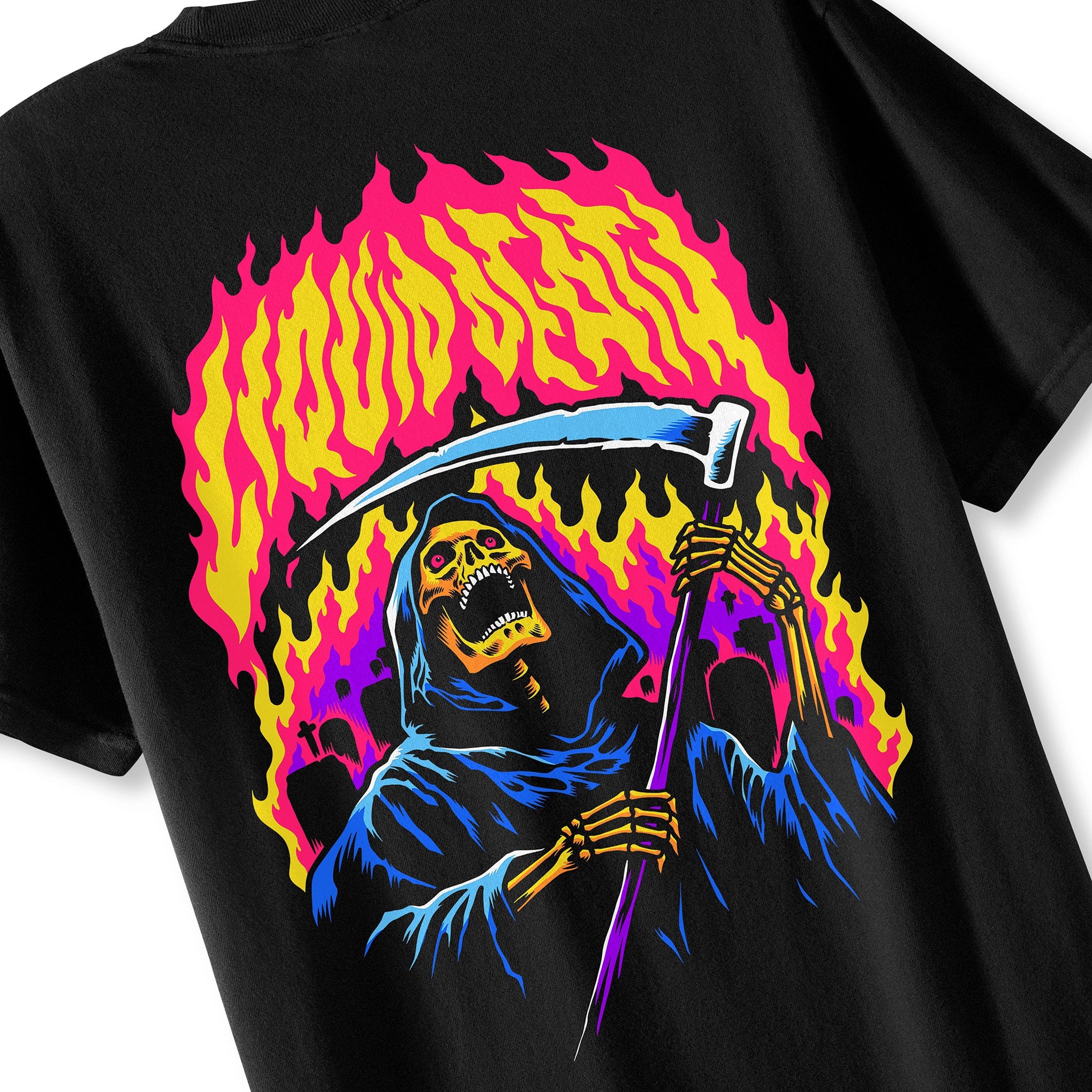 Black t-shirt with a colorful graphic of a Reaper holding a scythe against a pink and yellow flame background.