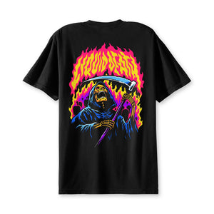 Black t-shirt with a colorful graphic of a skeleton holding a scythe a white background Back