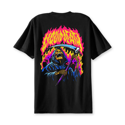 Black t-shirt with a colorful graphic of a skeleton holding a scythe a white background Back