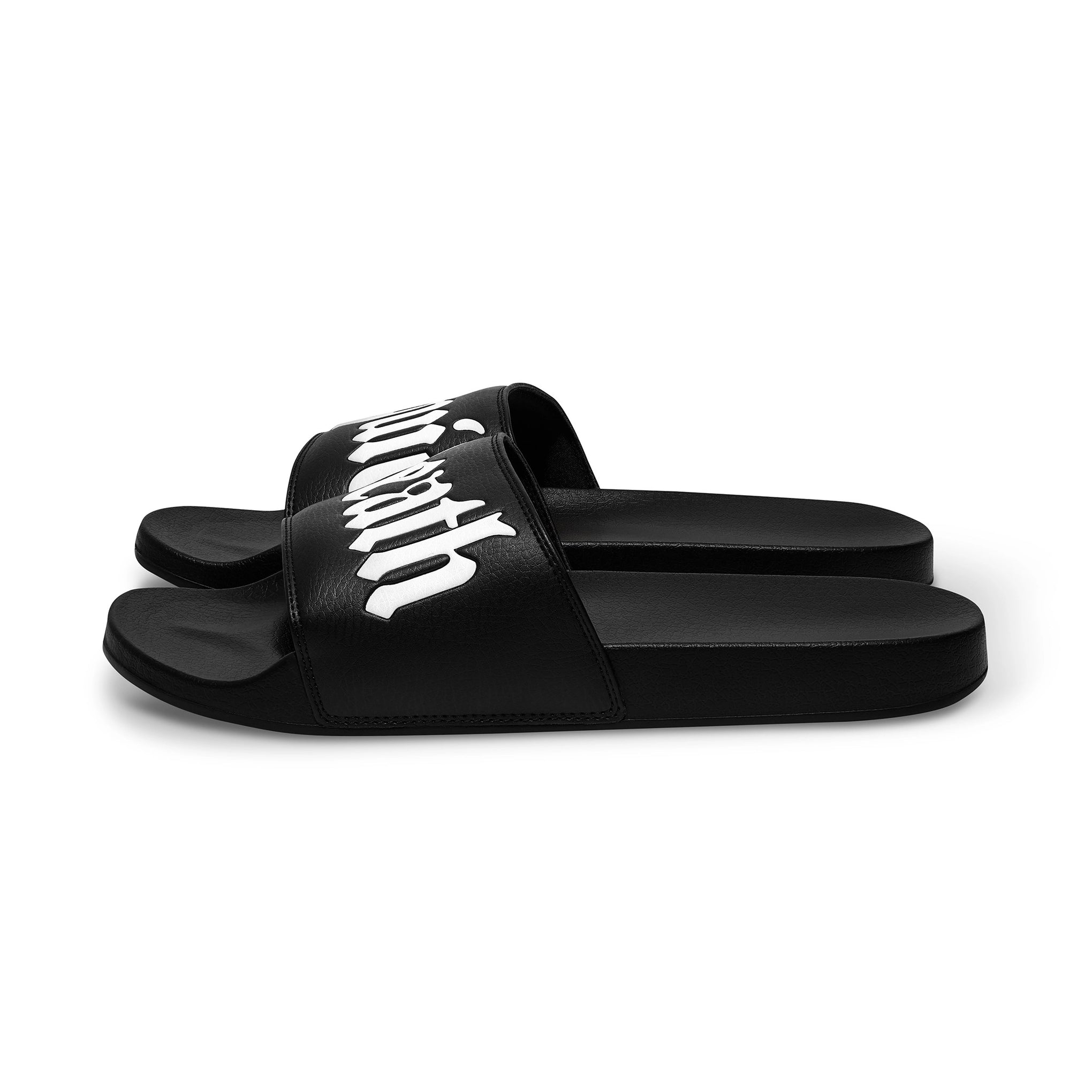 Black slides with white text on a white background