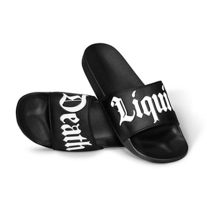 Black slides with Liquid Death text on a white background