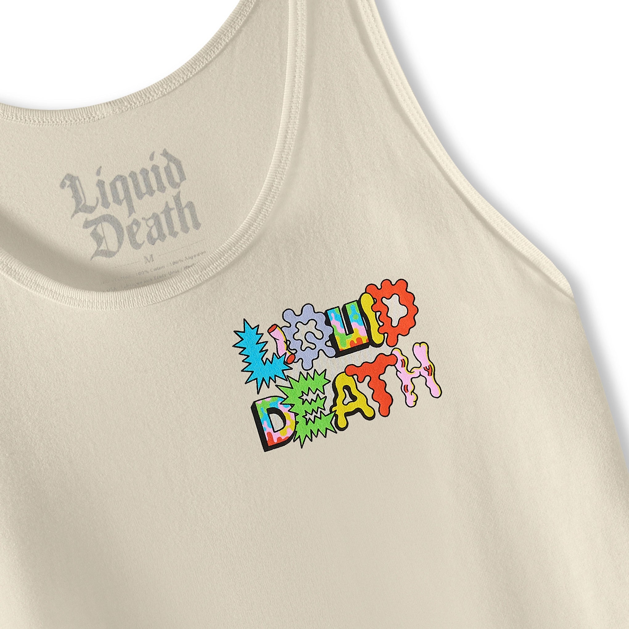 Beige tank top with colorful 'Liquid Death' logo on a white background. Front detail
