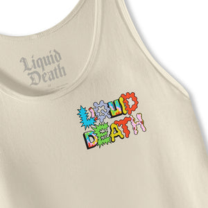 Beige tank top with colorful 'Liquid Death' logo on a white background. Front detail
