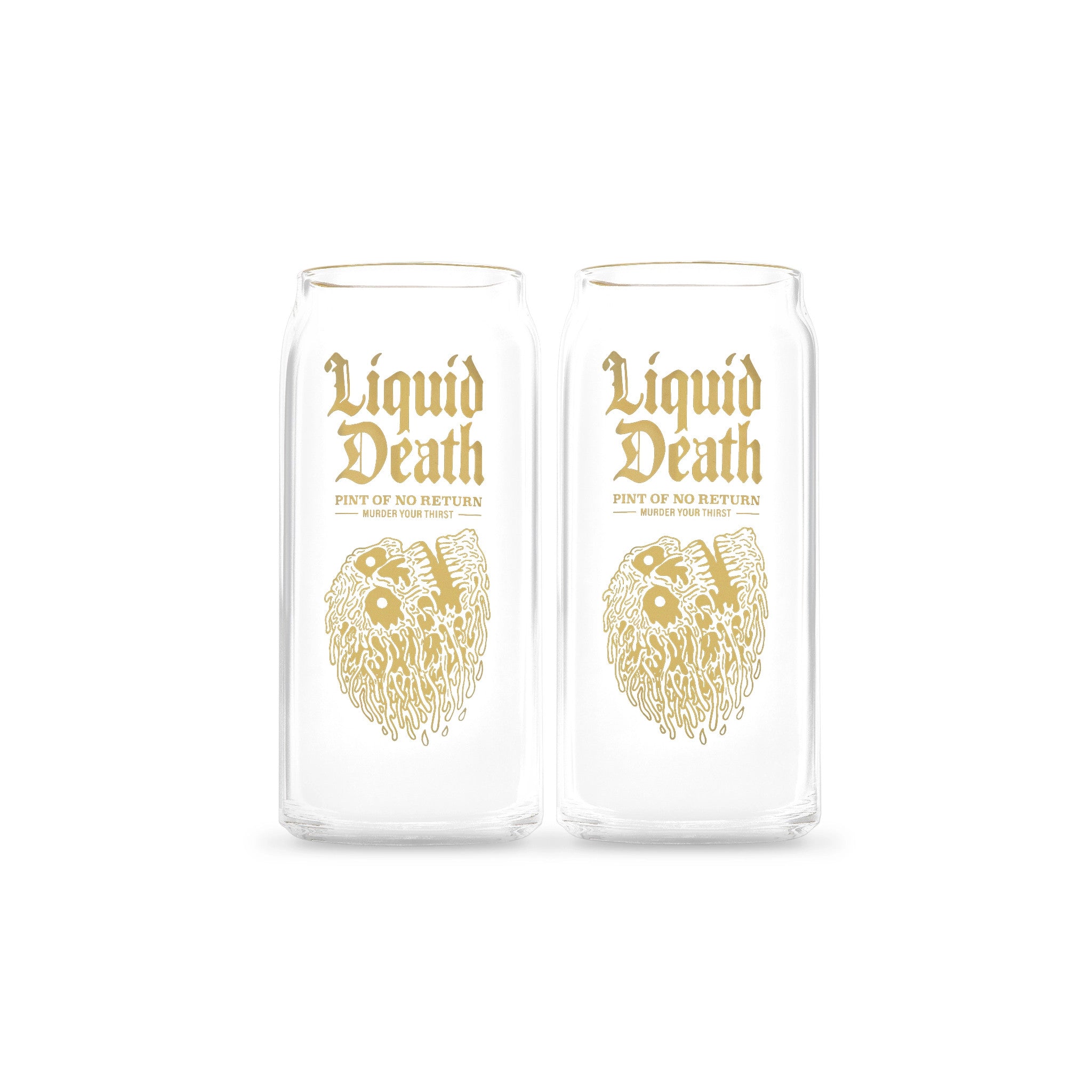 Two clear glasses with gold 'Liquid Death' text and skull design on a white background