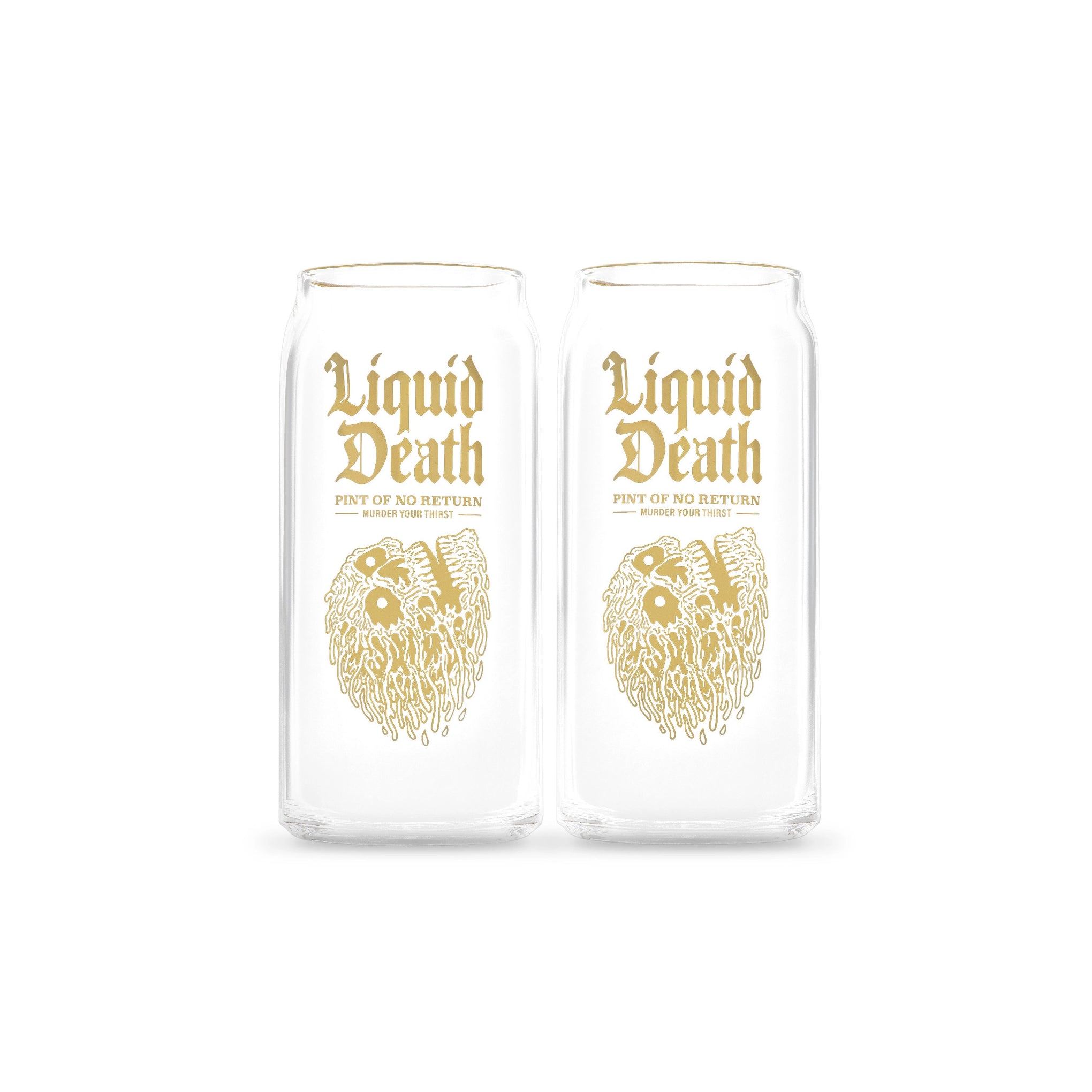 Two clear glasses with gold 'Liquid Death' text and skull design on a white background