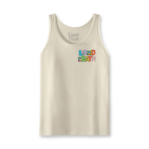 Beige tank top with colorful 'Liquid Death' text design on a white background. Front