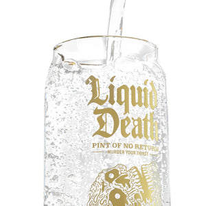 Clear glass with gold text 'Liquid Death'  white background