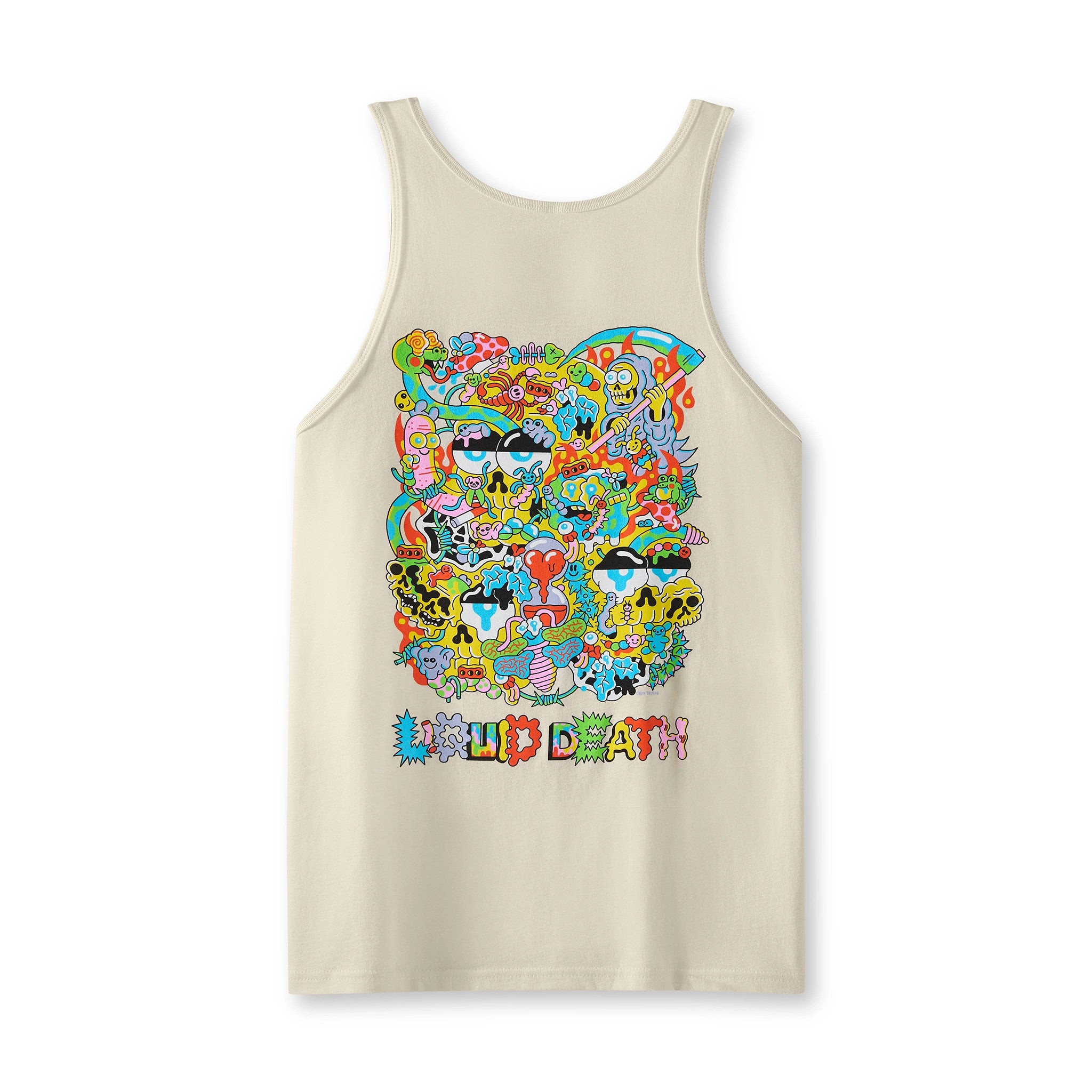 Beige tank top with colorful graphic design on a white background. Back