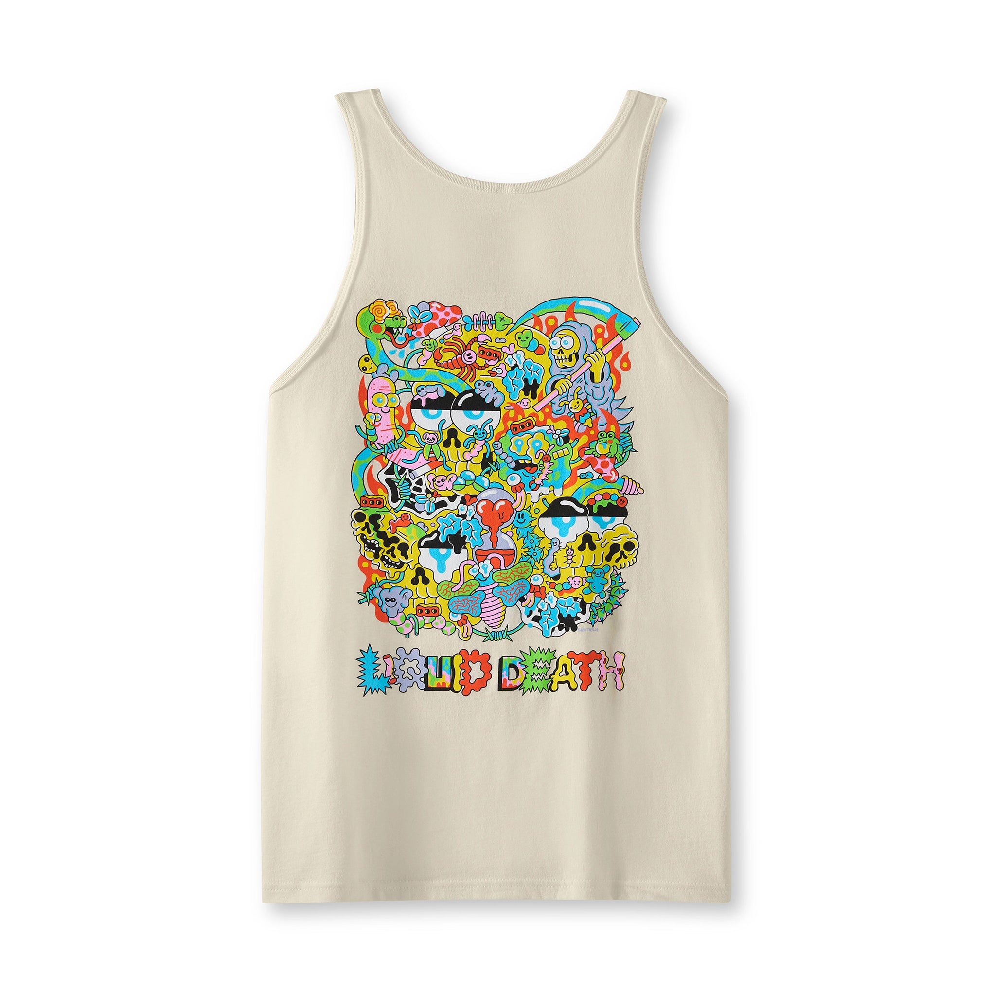 Beige tank top with colorful graphic design on a white background. Back